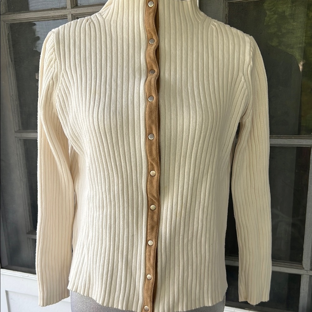 Villager Liz Claiborne Ribbed Cream Cardigan with Tan Faux Suede Trim